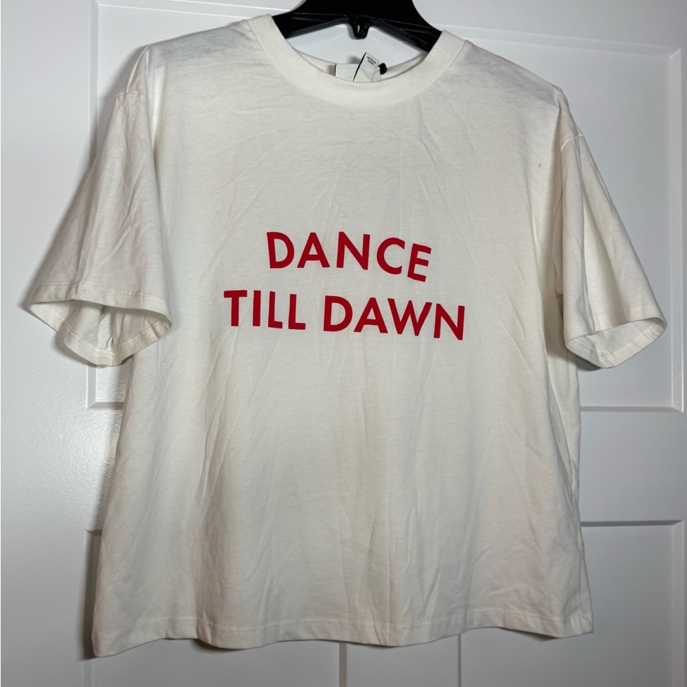 Women’s NWT Kate Spade White Tee with Dance Till Dawn Graphic. Size Medium.